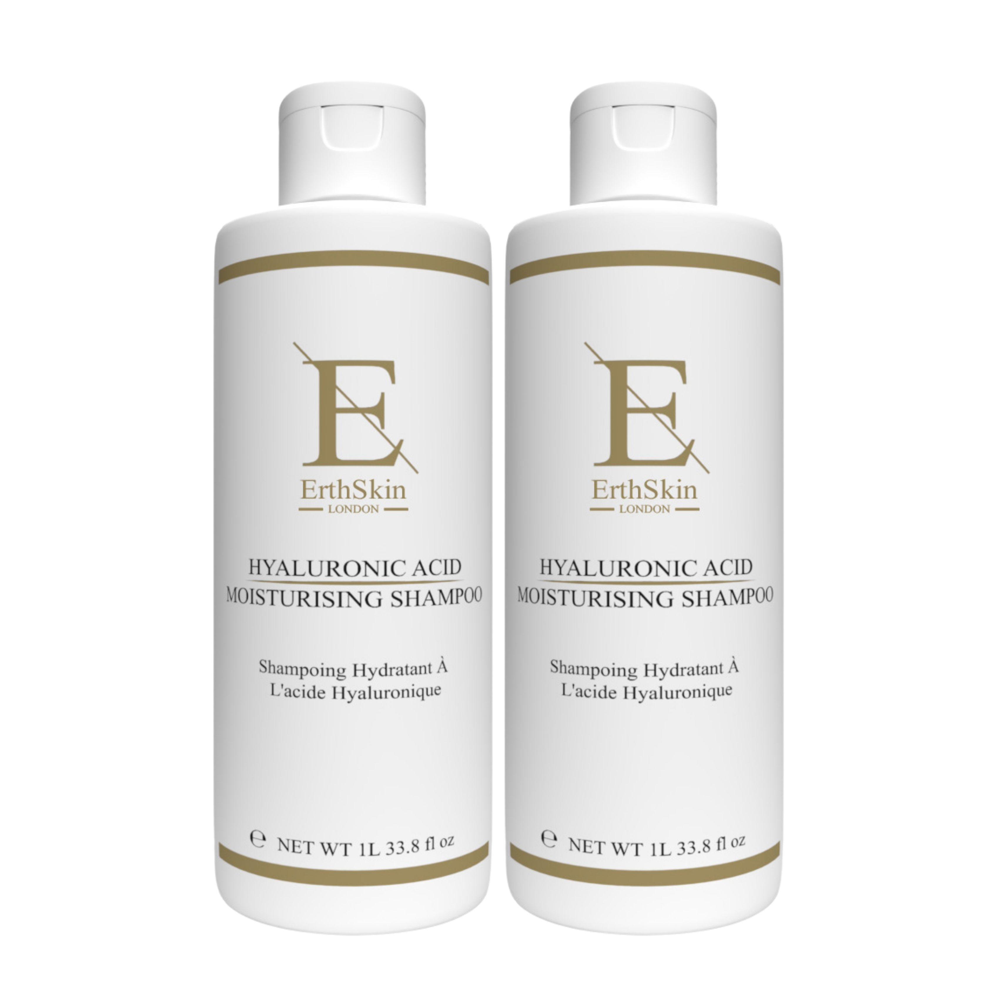 Zwei weiße Shampoo-Flaschen mit Etikett. Aufschrift: ErthSkin London, Hyaluronsäure Moisturising Shampoo. Nettoinhalt 1L.
