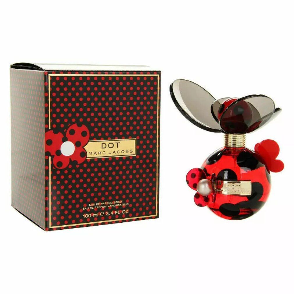 Marc Jacobs Dot Eau de Parfum Spray mit Verpackung und Flakon. Rote und schwarze Tupfen.