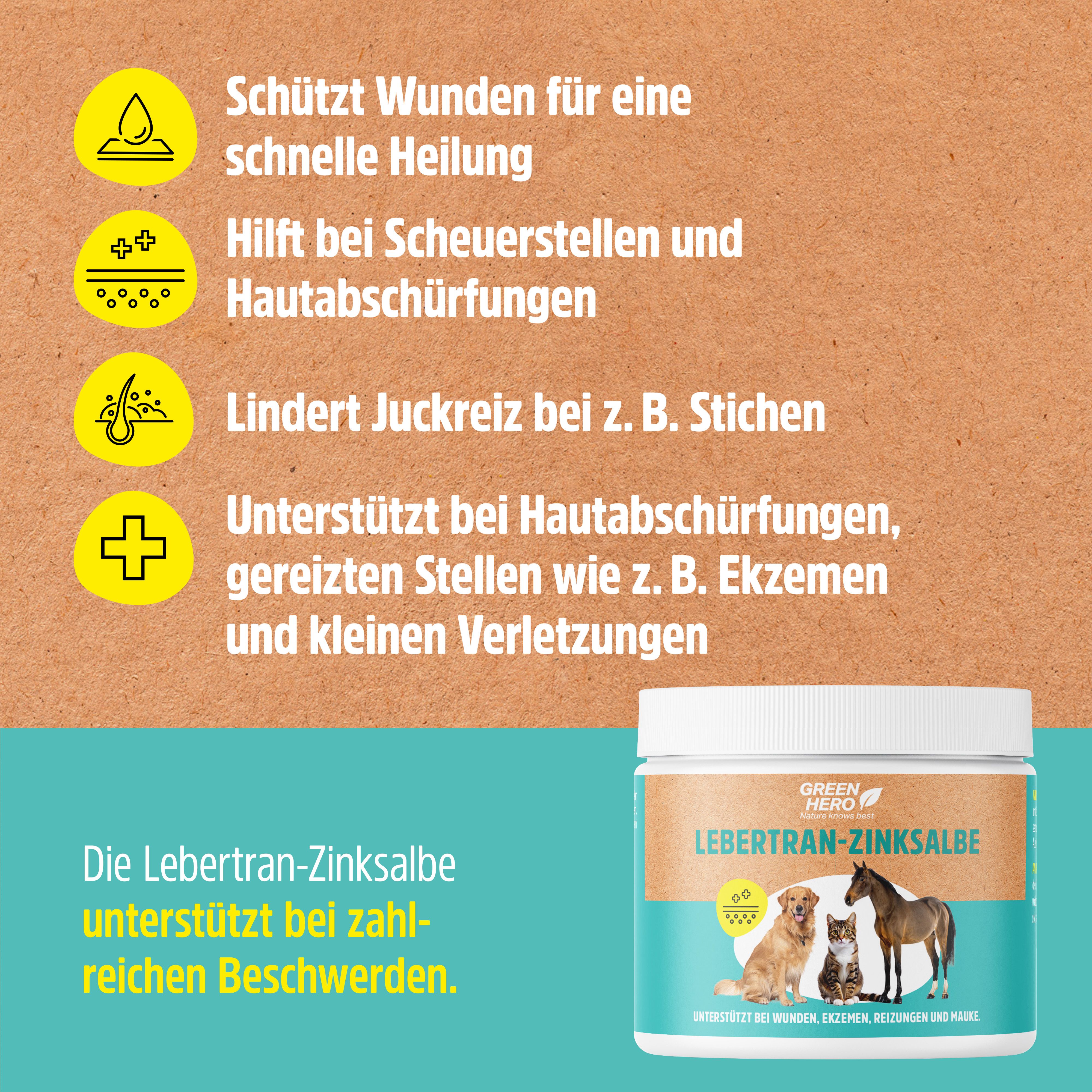 Behälter GreenHero Lebertran-Zinksalbe. Text: Hilft bei Hautabschürfungen, Ekzemen, Verletzungen. Illustrationen.