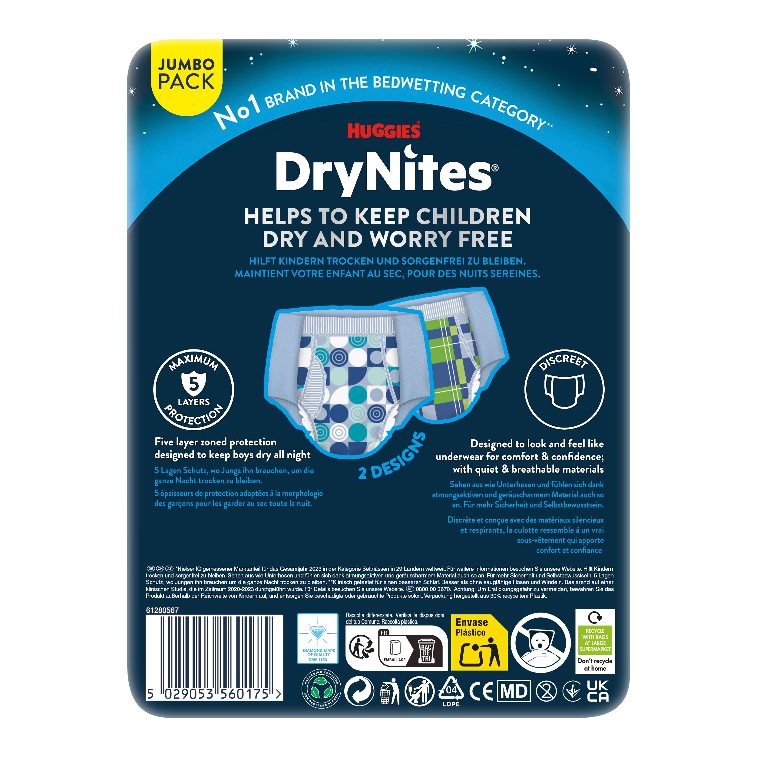 Rückseite der Huggies DryNites Pyjama Pants Verpackung. Hilft Kindern trocken und sorgenfrei zu bleiben. 2 Designs. 5 Schutzschichten.