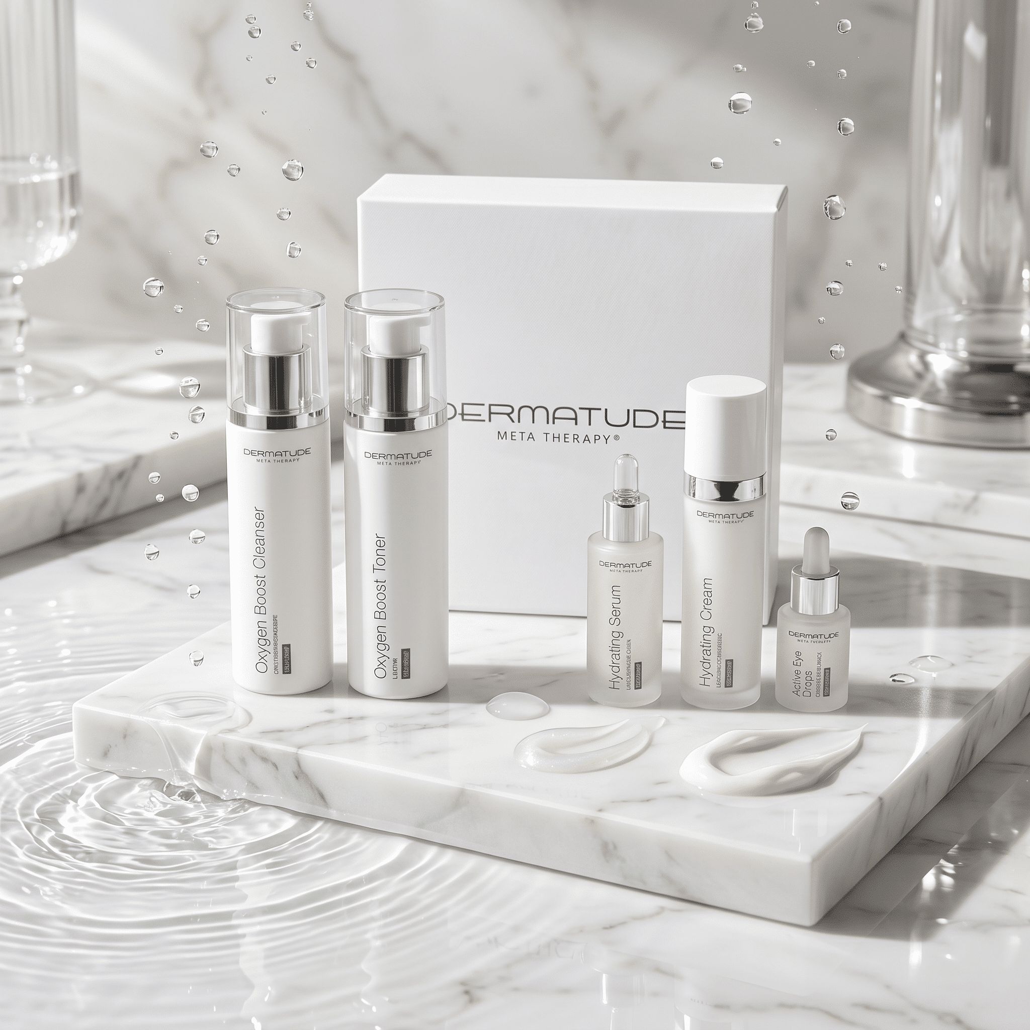 Fünf weiße Hautpflegeflaschen und eine weiße Box mit der Aufschrift DERMATUDE META THERAPY.