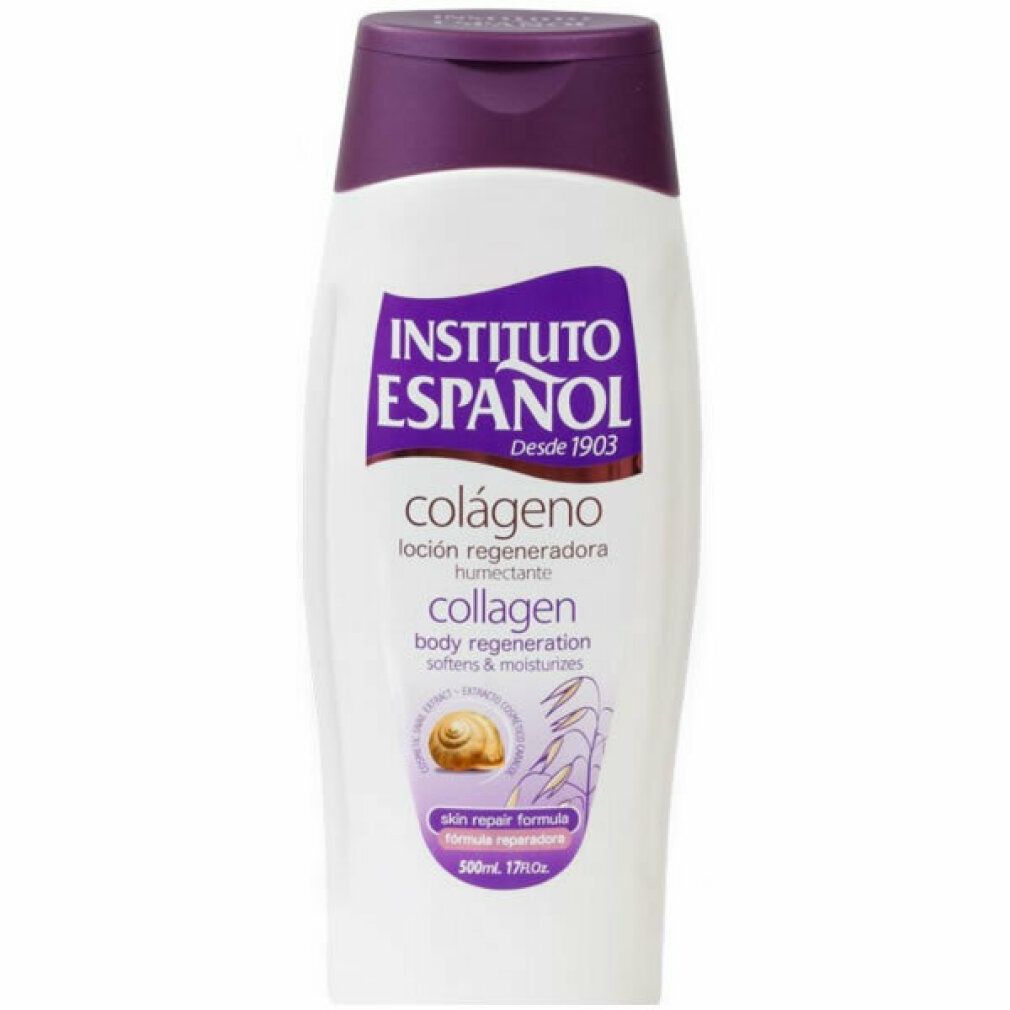 Weiß-lila Flasche Instituto Español Collagen Body Lotion. Text: Colágeno, body regeneration, skin repair formula. 500ml.