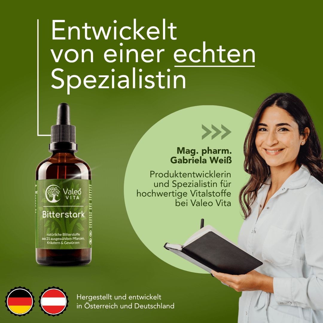 Flasche Valeo Vita Bitterstark neben einer lächelnden Frau in Arztkittel, die ein Notizbuch hält.