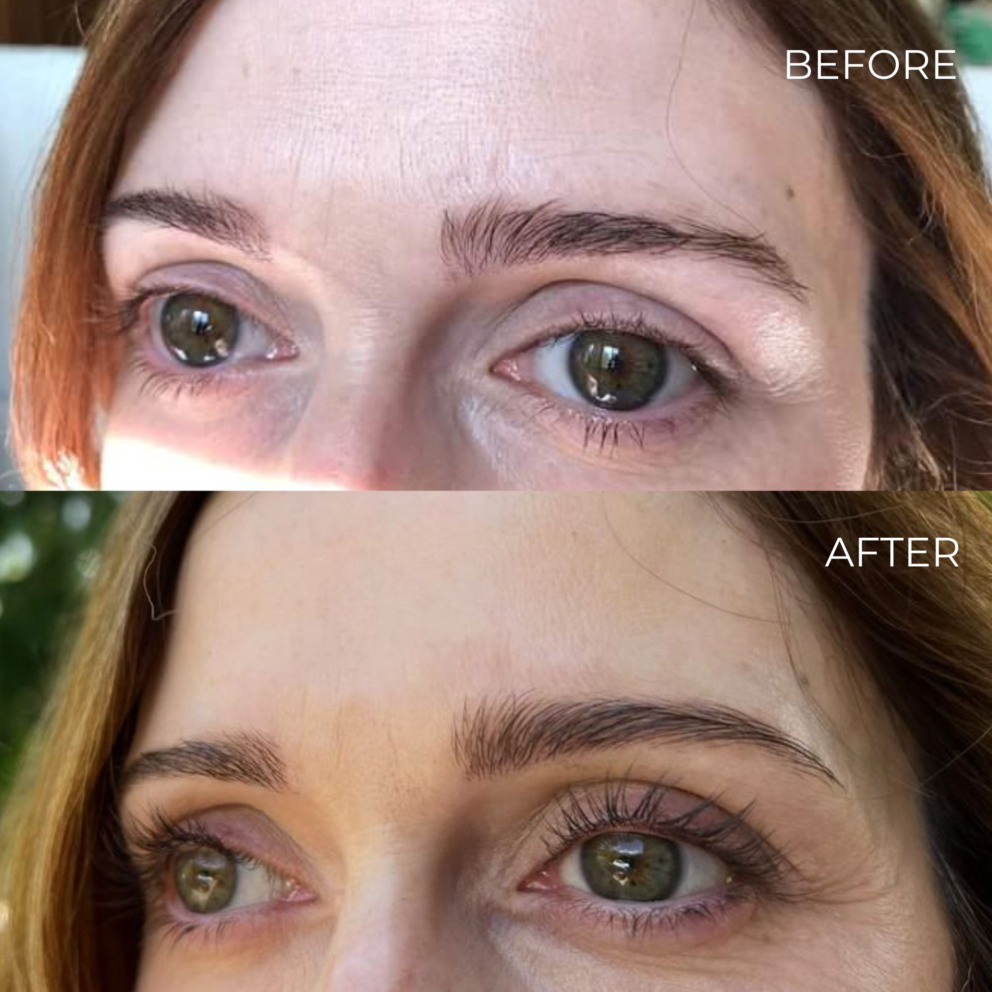 Vorher-Nachher-Vergleich. Augenpartie mit längeren Wimpern nach der Anwendung.