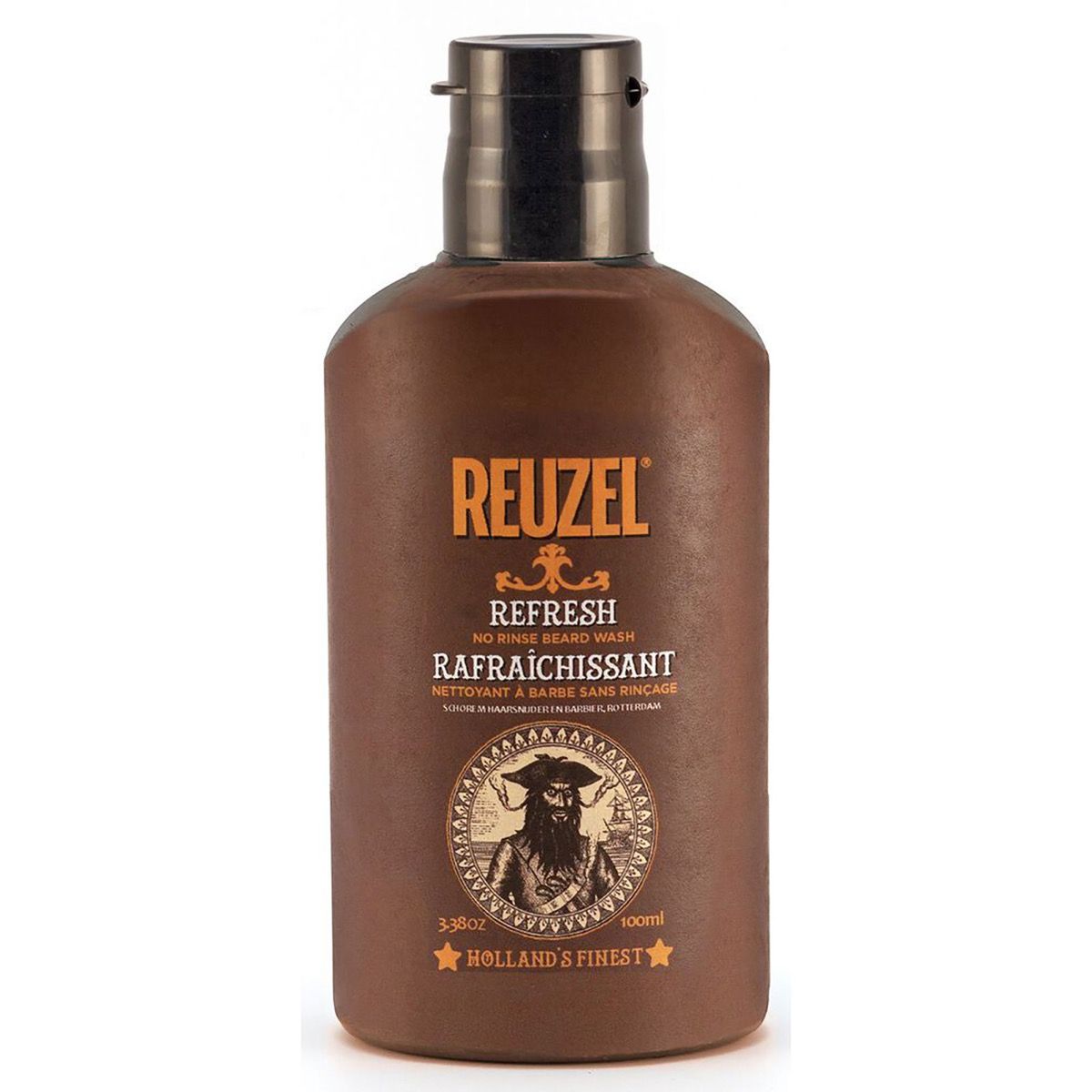 Reuzel Refresh No Rinse Bartwaschflasche, braun, mit schwarzem Verschluss.