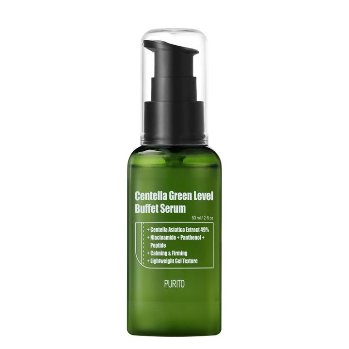 Grüne Serumflasche mit schwarzem Pumpverschluss. Aufschrift: Centella Green Level Buffet Serum. Marke: PURITO. Enthält Inhaltsstoffliste.