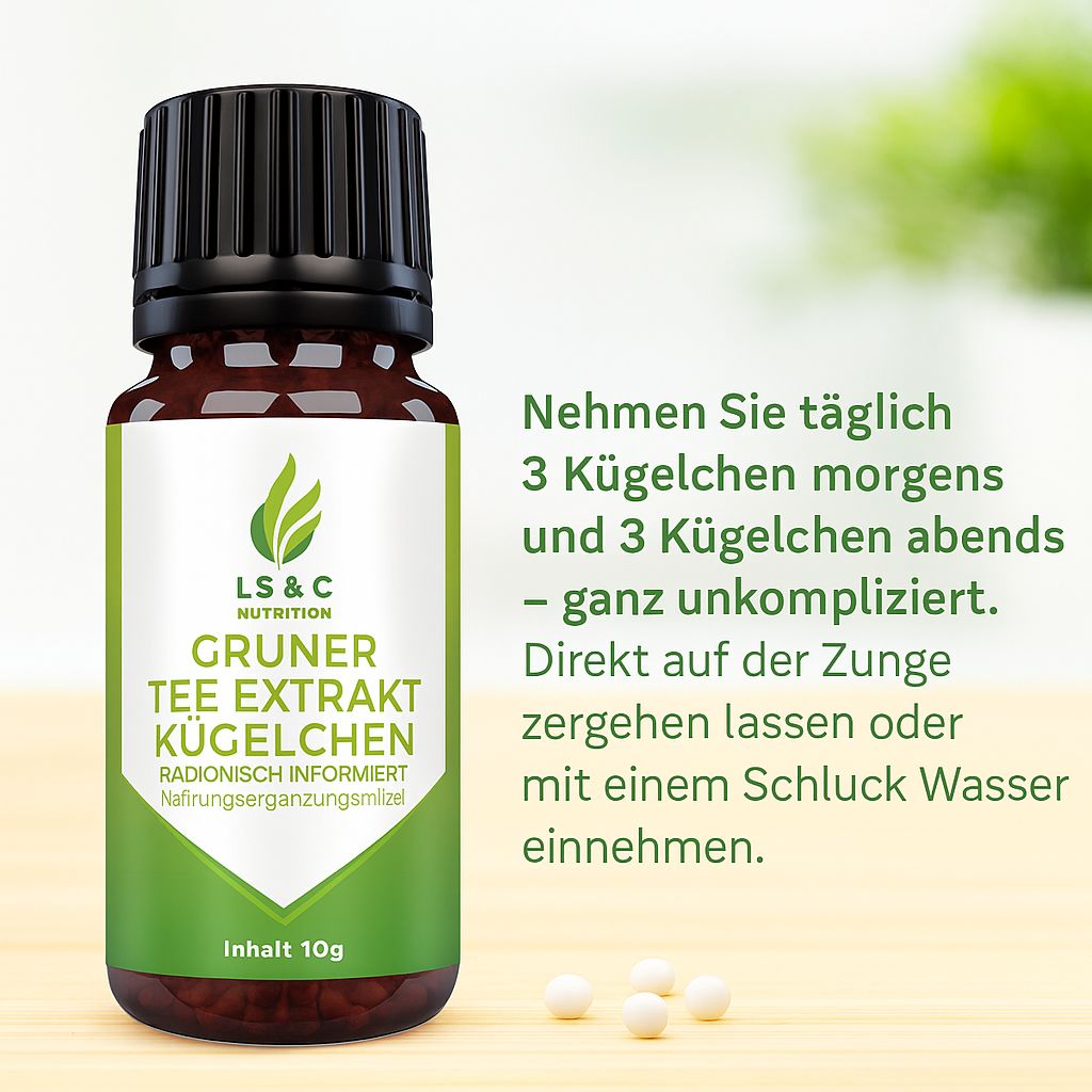 Braune Glasflasche mit schwarzem Deckel. Etikett mit Logo, Produktname und Inhaltsangabe: Grüner Tee Extrakt Kügelchen. Text: Einnahmeempfehlung und Kügelchen.