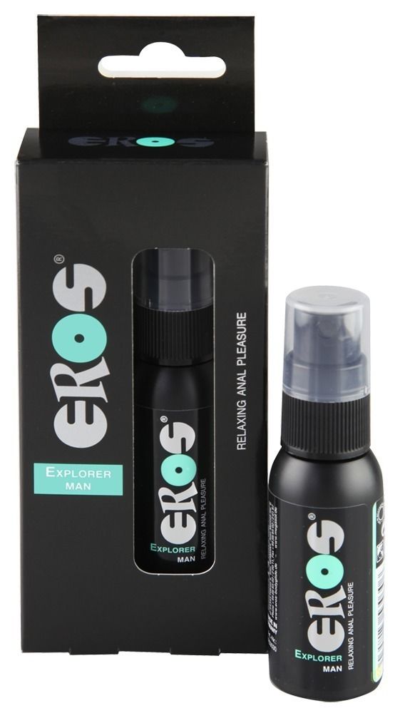 EROS Explorer Man Spray in Verpackung und daneben. Schwarze Flasche mit Sprühkopf.