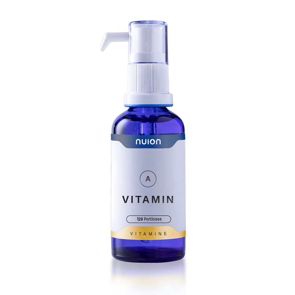 Blaue Glasflasche mit Pumpspender. Etikett mit "nuion A VITAMIN" und "120 Portiones".