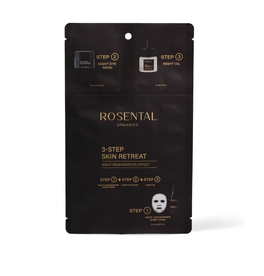 Schwarze Verpackung mit Produktnamen und 3-Step Skin Retreat. Enthält Abbildungen von Produkten und Anwendungsanweisungen.