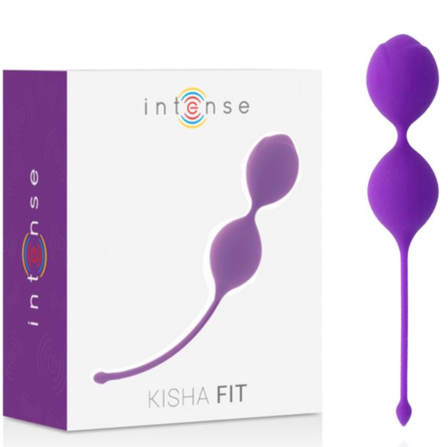 Produktverpackung und Kegel-Kugeln. Verpackung mit Produktabbildung und Schriftzug 'KISHA FIT'. Lila Kegel-Kugeln daneben.