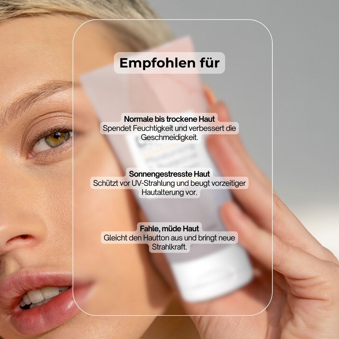 Frau hält Creme-Tube. Aufschrift: Dr. SEA, Moisturising & Protective Face Cream SPF30+. Text: Empfohlen für...