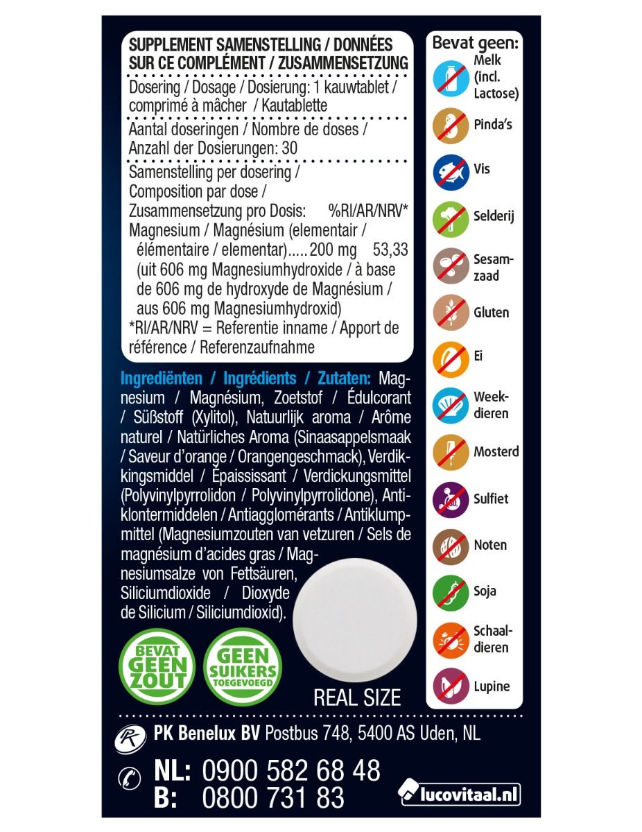Weiße Tablette mit Aufdruck, umgeben von Produktinformationen und Allergenhinweisen.