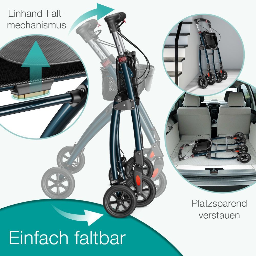 Rollator zusammengeklappt. Einfach faltbar. Platzsparend verstaubar.