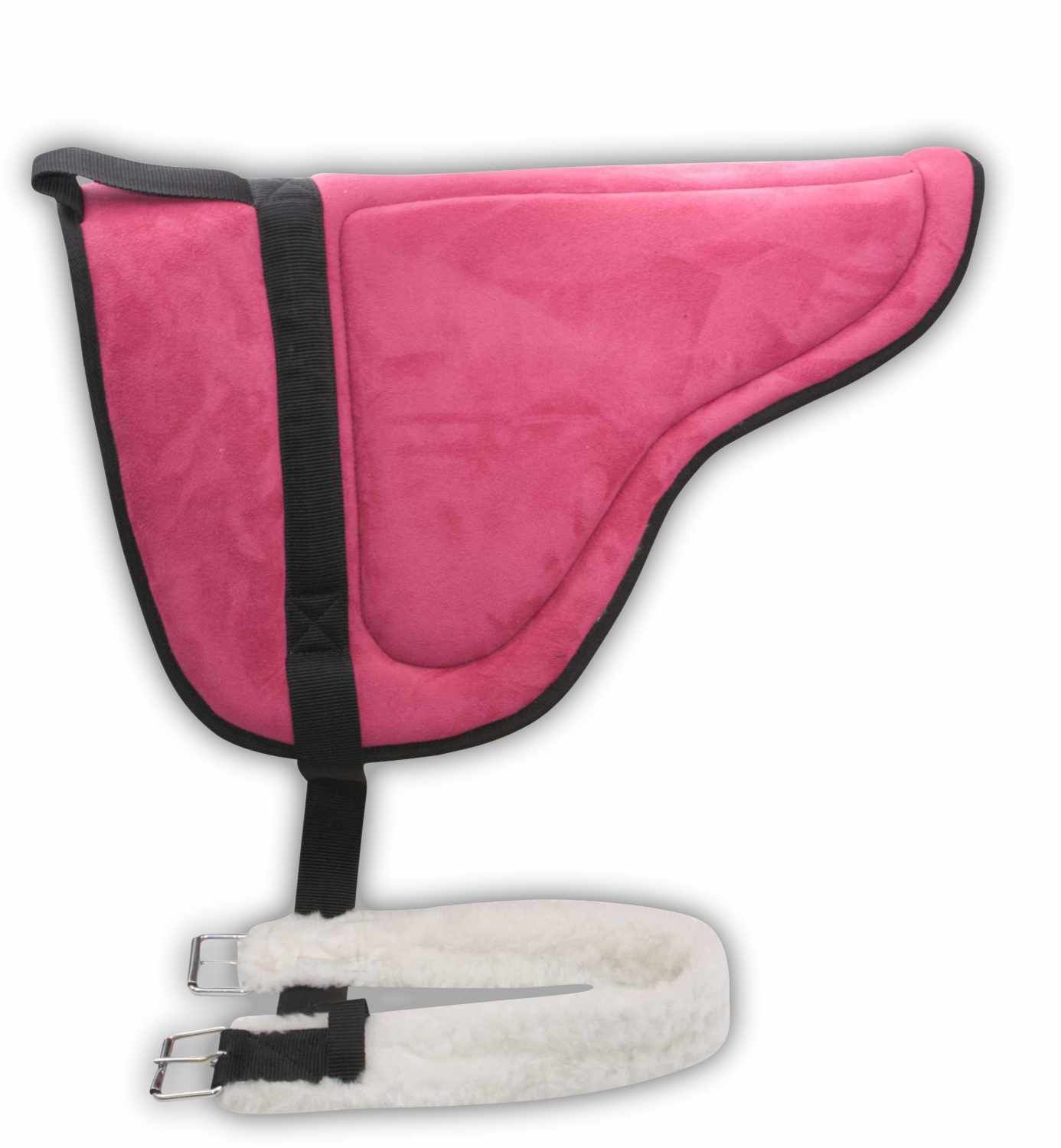 Pinkfarbener Leder-Bareback-Pad mit schwarzem Gurt und weißem Fell-Bauchgurt. Schwarze Umrandung.