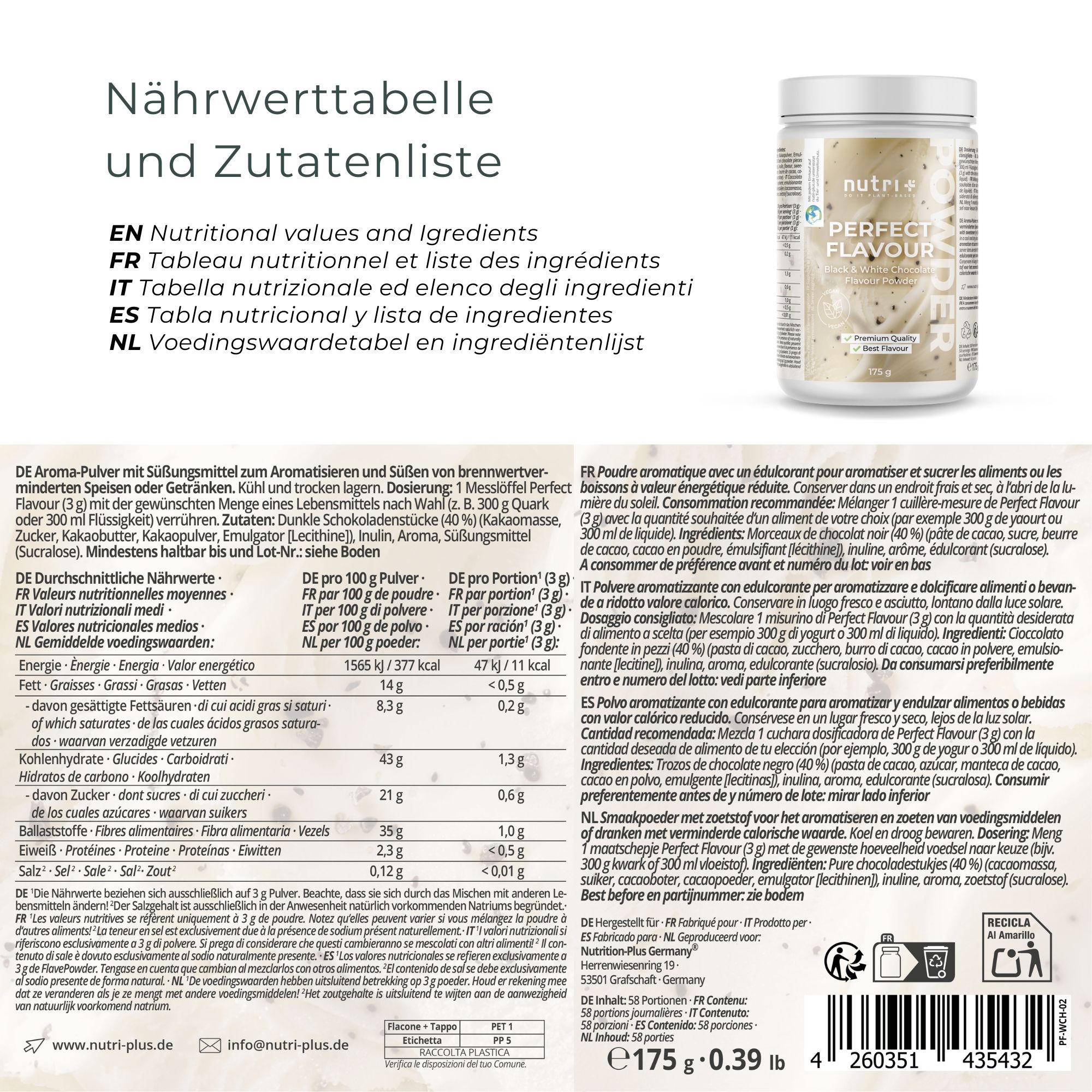 Produktabbildung mit nutri+ Perfect Flavour Powder. Aufschrift: Black & White Chocolate Flavor Powder. Vegan-Siegel. Gewicht: 175 g.