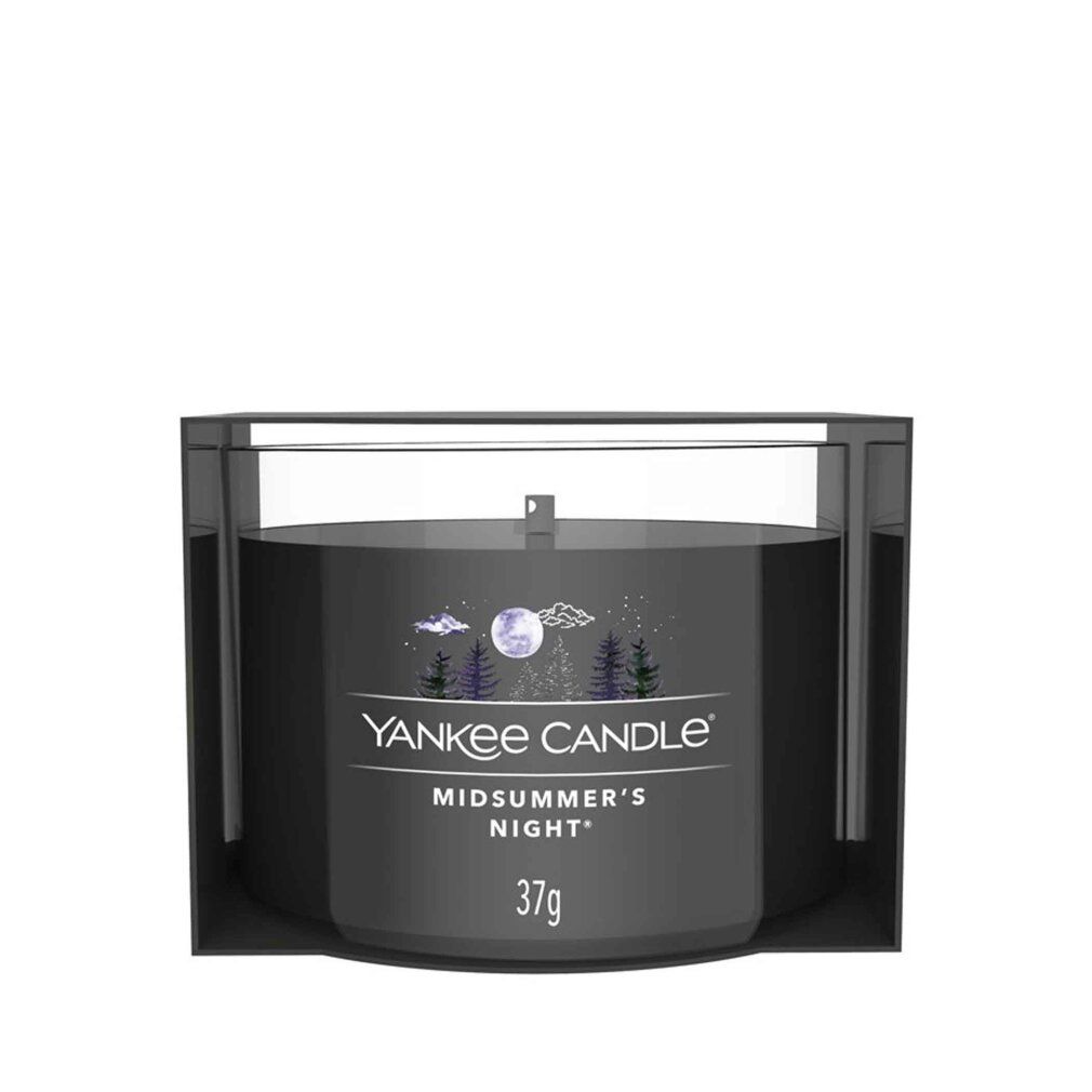 Kerze im Glasbehälter. Aufschrift: Yankee Candle, Midsummer's Night, 37g. Schwarzer Behälter mit Deckel.