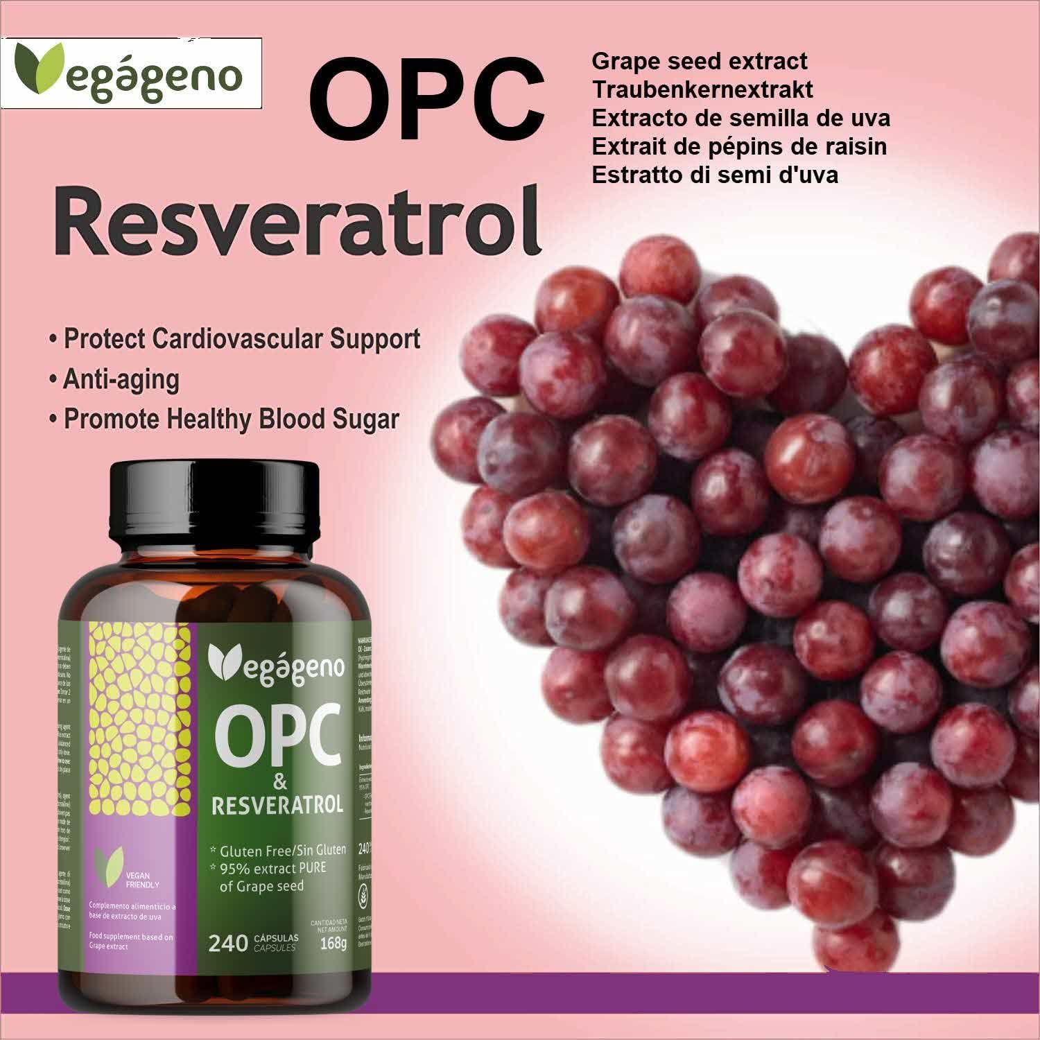 Braune Kapsel-Flasche mit VEGÁGENO OPC & RESVERATROL. Trauben-Herz-Arrangement. Text: Protect Cardiovascular Support, Anti-Aging, Promote Healthy Blood Sugar.