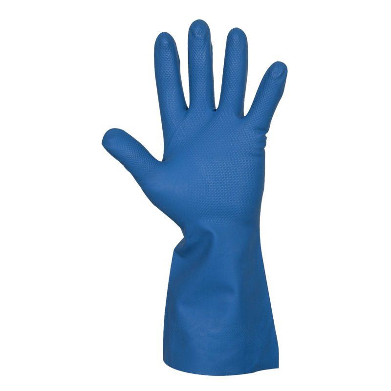 Blauer Haushaltshandschuh aus Nitril. Handschuh mit geriffelter Handfläche und langem Schaft. Einzelner Handschuh, auf weißem Hintergrund.