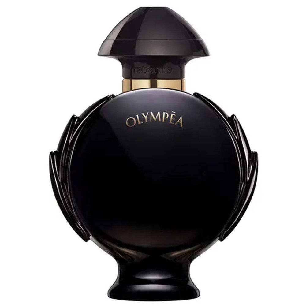 Schwarzer Flakon mit goldenen Akzenten. Aufschrift: OLYMPÉA. Runde Form mit schwarzem Deckel.