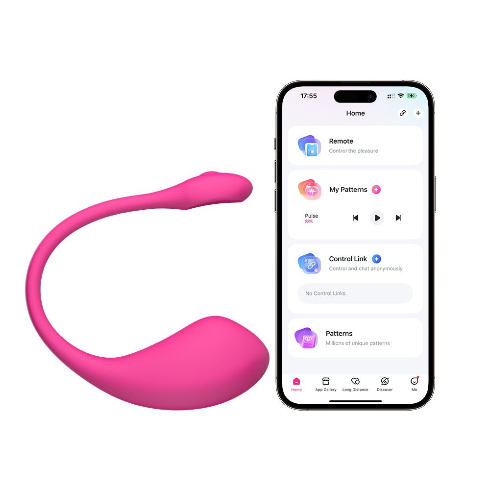 Rosa Ei-Vibrator neben einem Smartphone. Auf dem Smartphone-Bildschirm ist die App "Lovense" geöffnet.