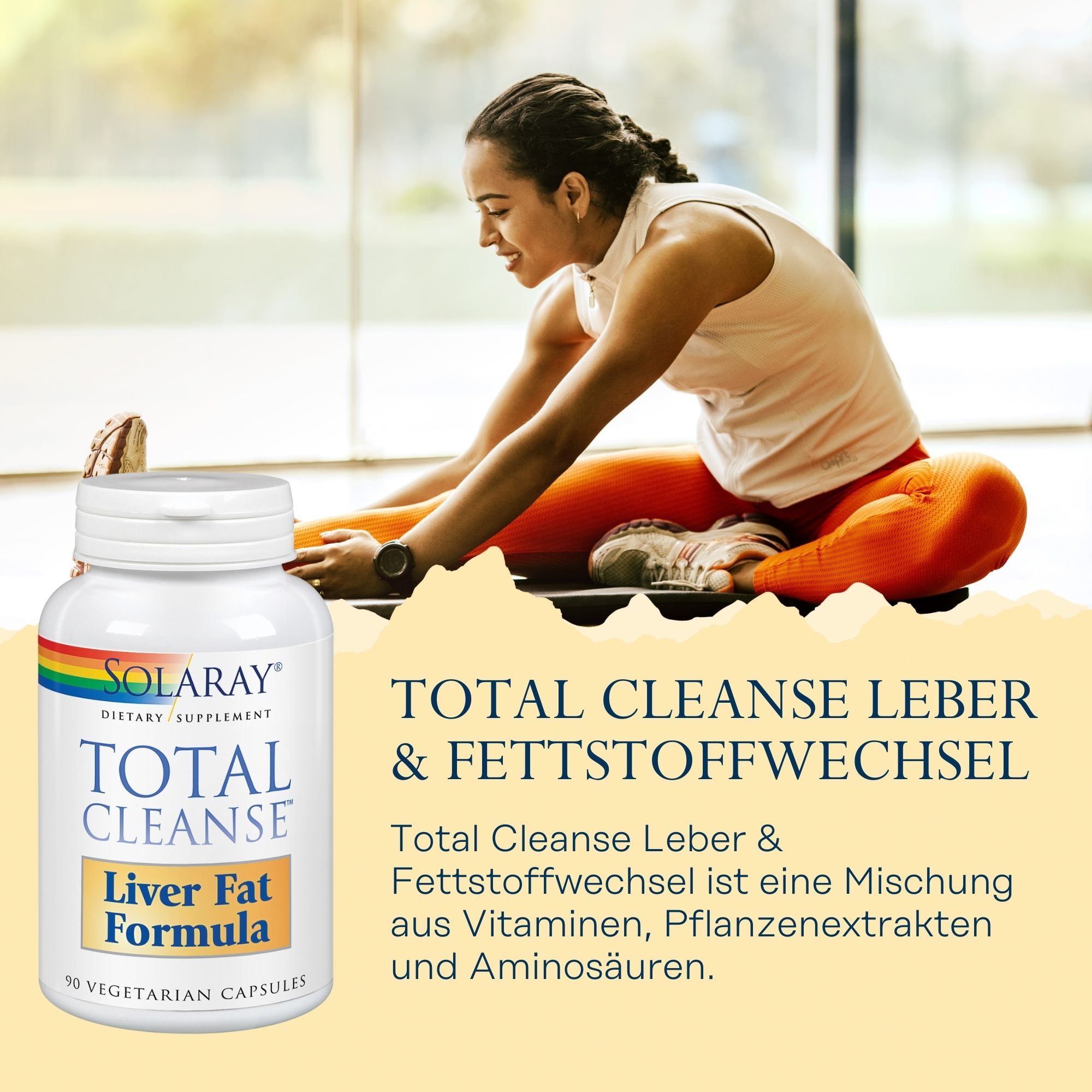 Weißes Pillenbehälter mit Solaray-Logo und Aufschrift Total Cleanse Leber & Fettstoffwechsel. Frau beim Dehnen.