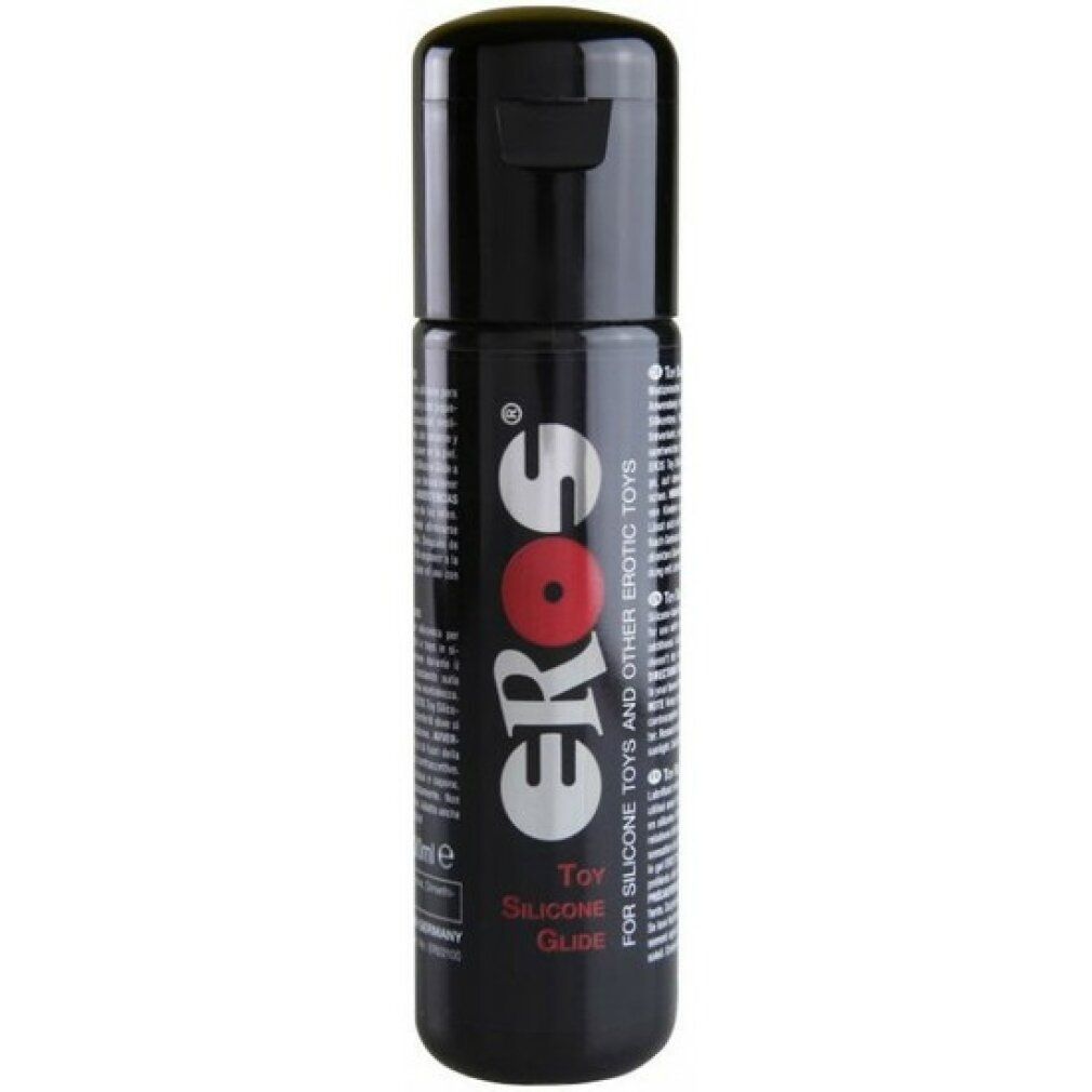 Schwarze Flasche mit Klappverschluss. Aufschrift "Eros" und "Toy Silicone Glide".