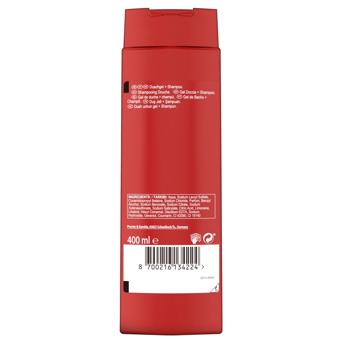 Rote Duschgel-Flasche. Rückseite mit Text, Inhaltsstoffen und Barcode. 400 ml.