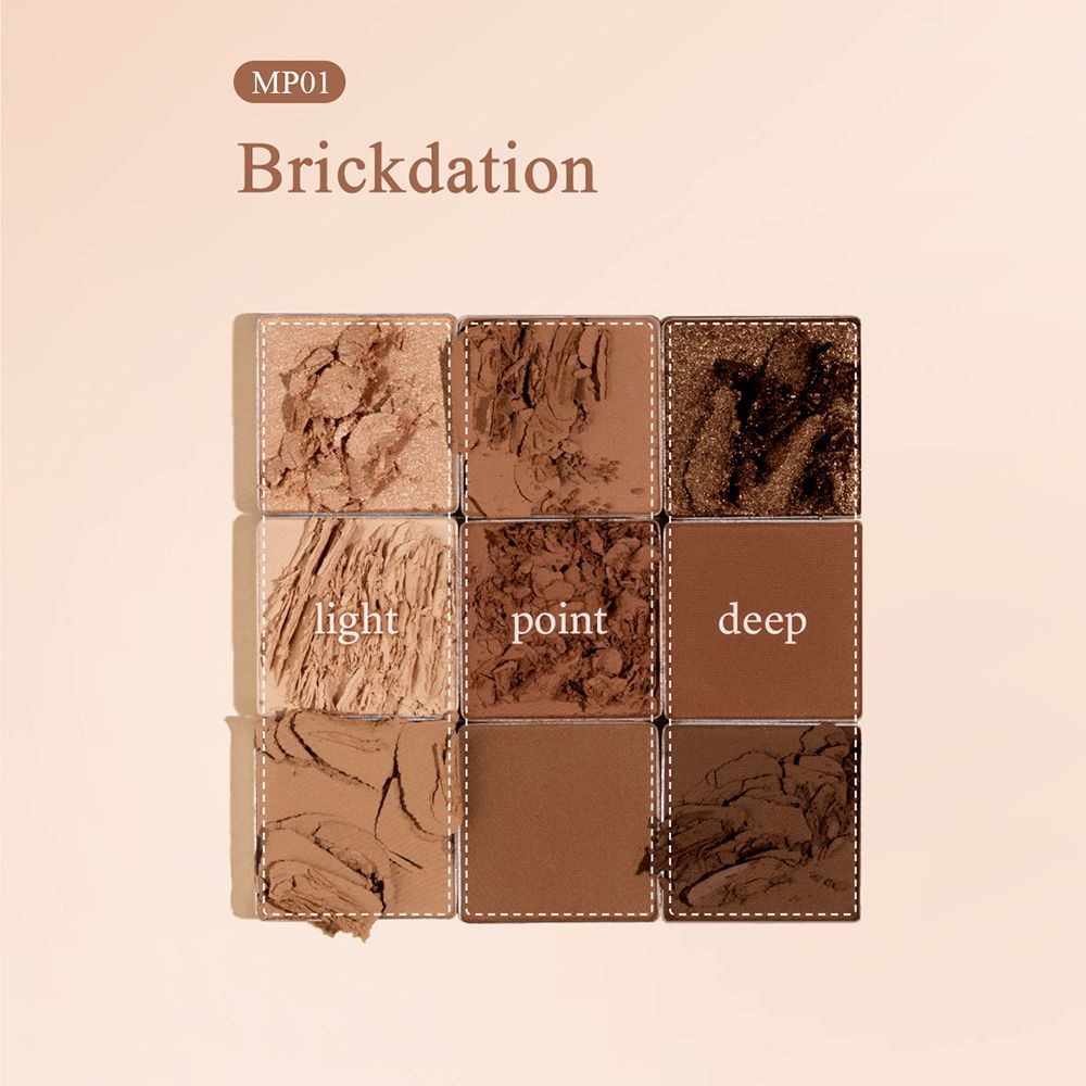 Lidschatten-Palette Brickdation mit neun Farbtönen. Beschriftung: light, point, deep. MP01.