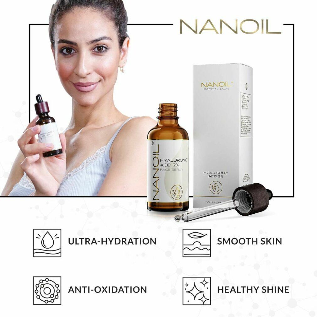 Braune Glasflasche und Verpackung mit Produktnamen und Inhaltsangabe. Frau hält eine Flasche. Symbole für Ultra-Hydratation, glatte Haut, Anti-Oxidation und gesunder Glanz.