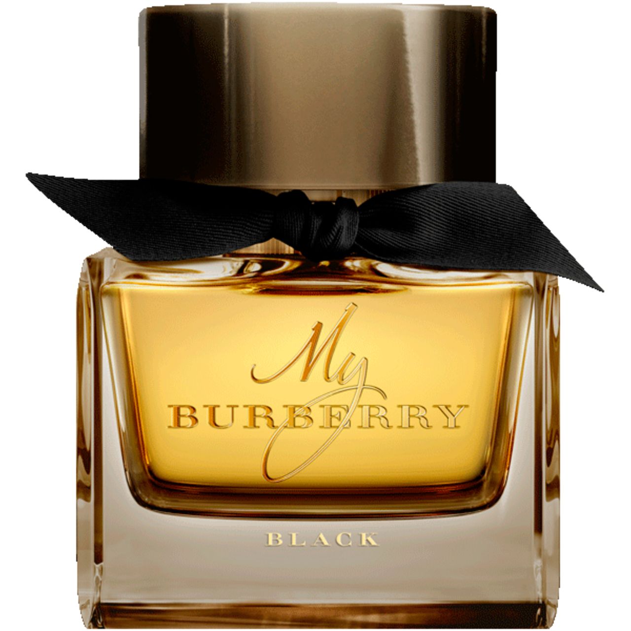 Burberry My Burberry Black E.d.P. Nat. Spray. Quadratischer Flakon mit schwarzer Schleife und goldfarbenem Verschluss.