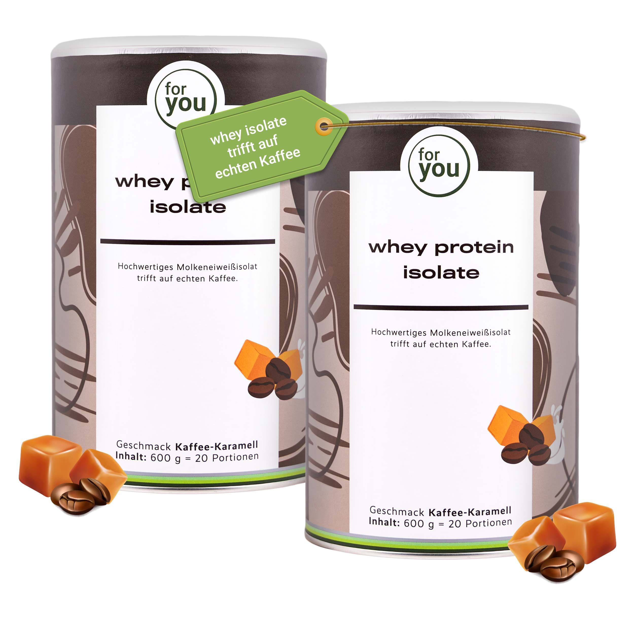 Zwei Dosen Whey Protein Isolate, Geschmack Kaffee-Karamell. Je 600 g, für 20 Portionen.