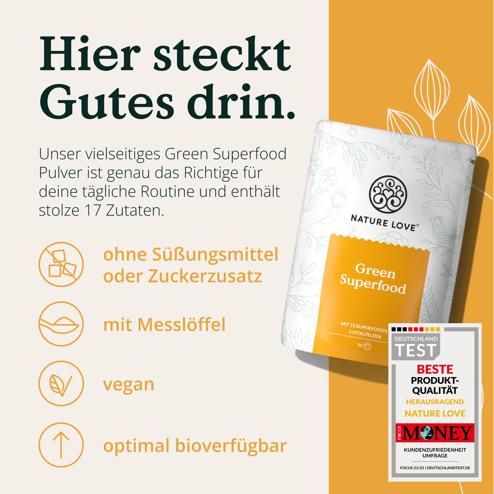 Beutel NATURE LOVE® Green Superfood. Text: "Hier steckt Gutes drin." Icons: Ohne Zucker, mit Messlöffel, vegan, optimal bioverfügbar. Deutschland Test.