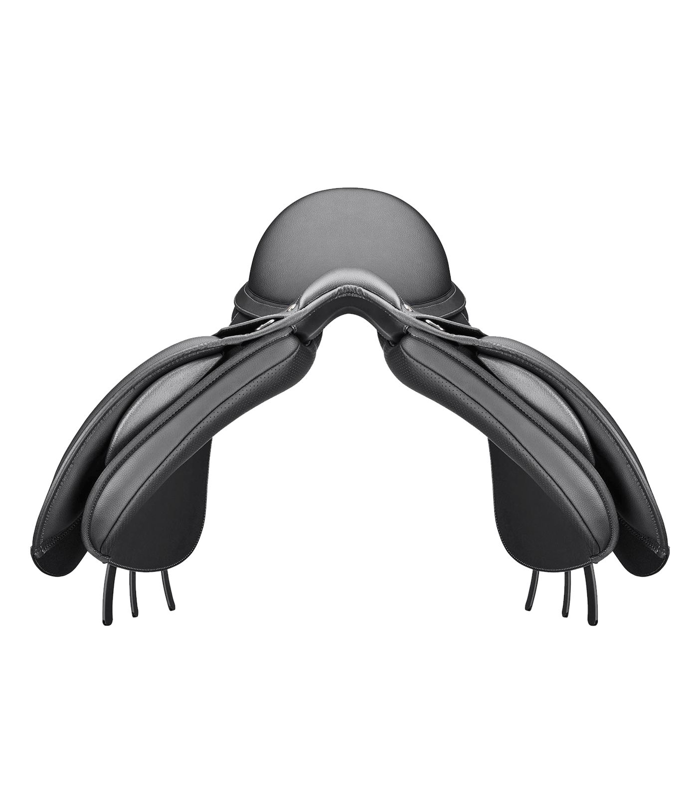 Schwarzer Sattel. Draufsicht. Gepolsterte Sitzfläche, Sattelblätter und Steigbügelriemen.