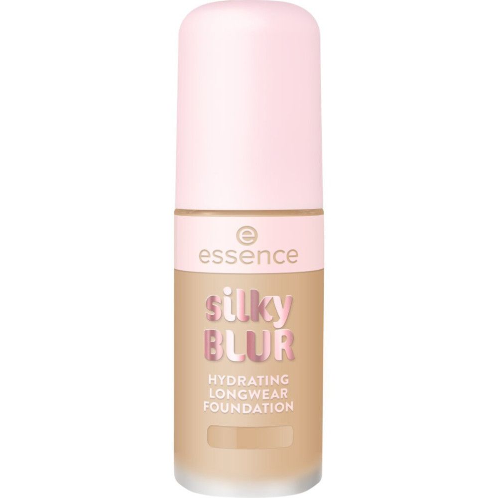 Foundation-Flakon. Rosa Deckel, durchsichtiger Behälter. Aufschrift: Silky Blur, Hydrating Longwear Foundation. Marke: Essence.