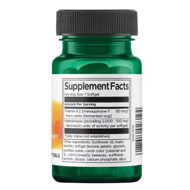 Rückseite der grünen Flasche. Etikett mit Nährwertangaben. Enthält Vitamin K2 und Nattokinase.