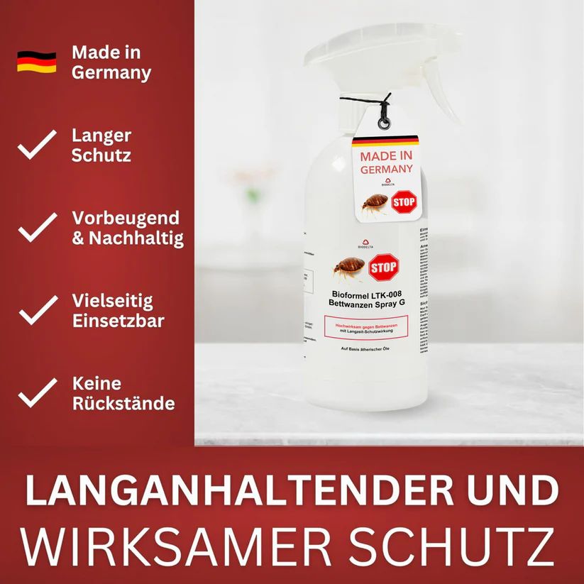 Weiße Sprühflasche mit Sprühkopf und Anhänger. Text: Bioformel Ltk-008 Bettwanzenspray G. Made in Germany. Symbole für Schutz.