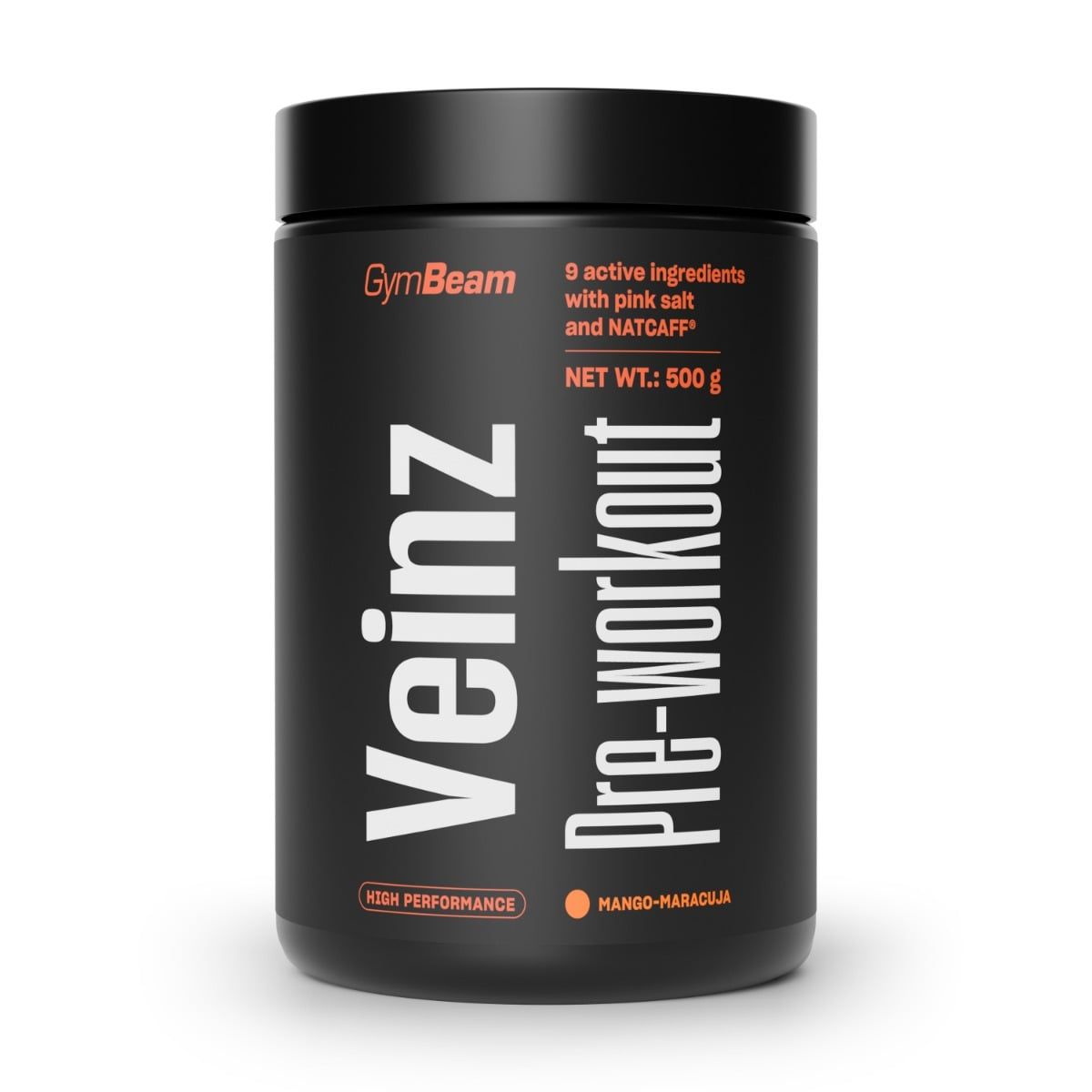GymBeam Veinz Pre-Workout Pulver in Mango-Maracuja Geschmack. 500g Dose mit aktiven Inhaltsstoffen.