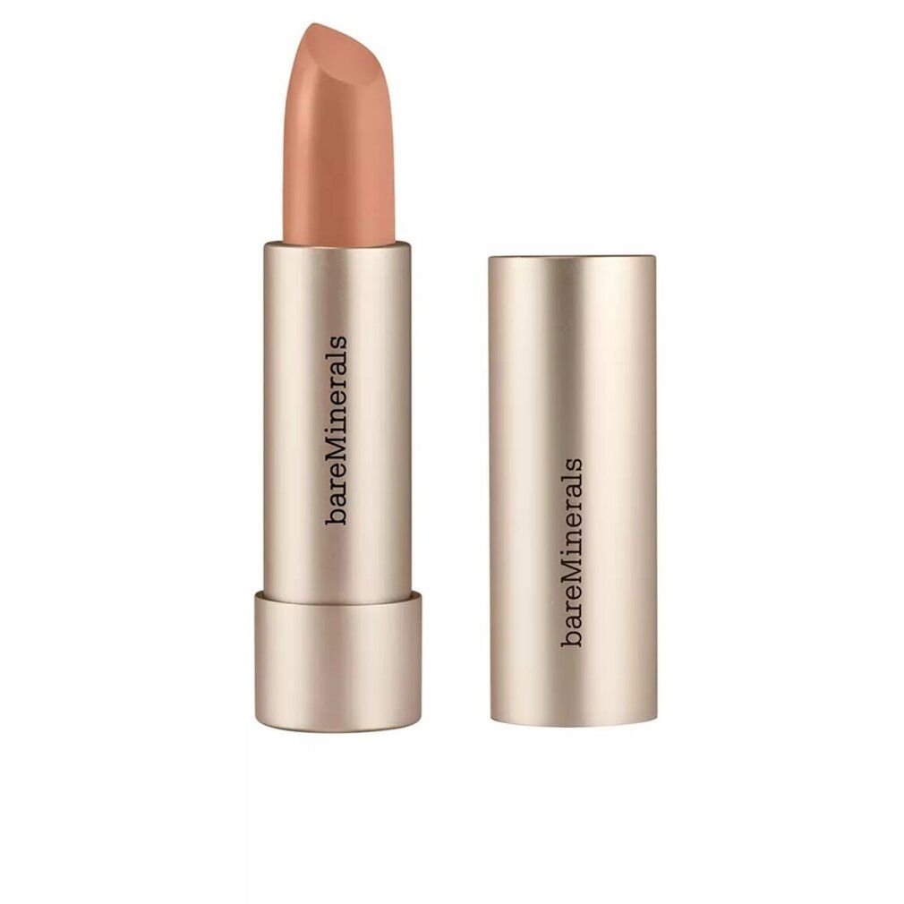 Lippenstift mit geöffneter Kappe. Goldfarbene Hülse mit Schriftzug "bareMinerals". Der Lippenstift hat eine helle, rosafarbene Nuance.