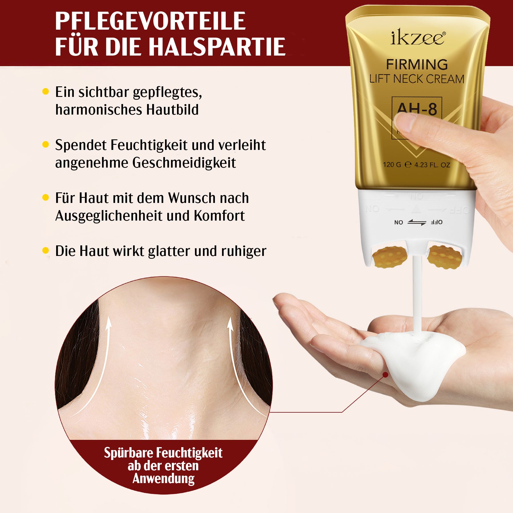 Goldene Tube mit weißem Applikator. Text: ikzee, Firming Lift Neck Cream AH-8. Hand hält Tube, Creme wird auf Handfläche gegeben.