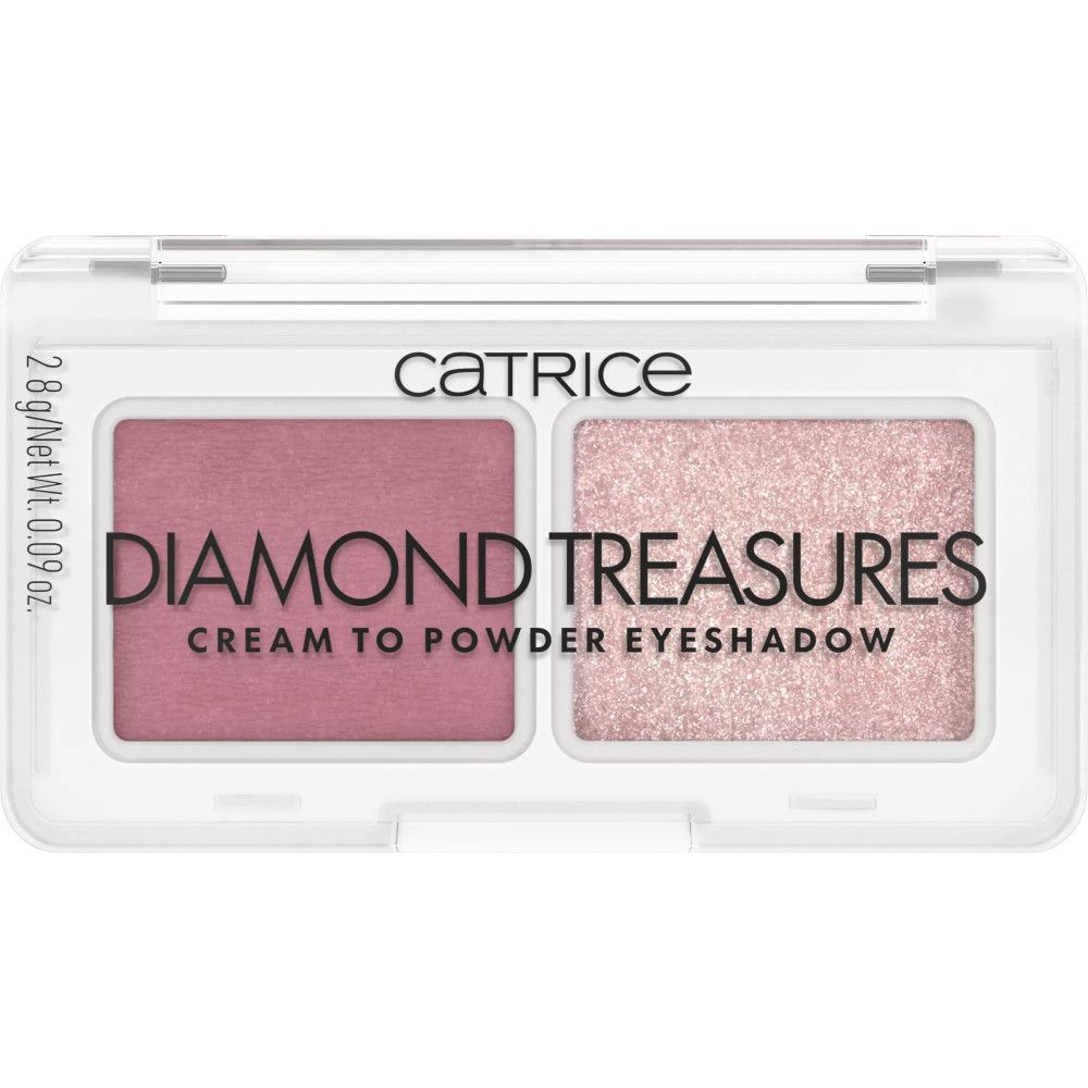 Lidschatten-Palette mit zwei Farbtönen in einem transparenten Gehäuse. Text: DIAMOND TREASURES CREAM TO POWDER EYESHADOW. Marke: Catrice.