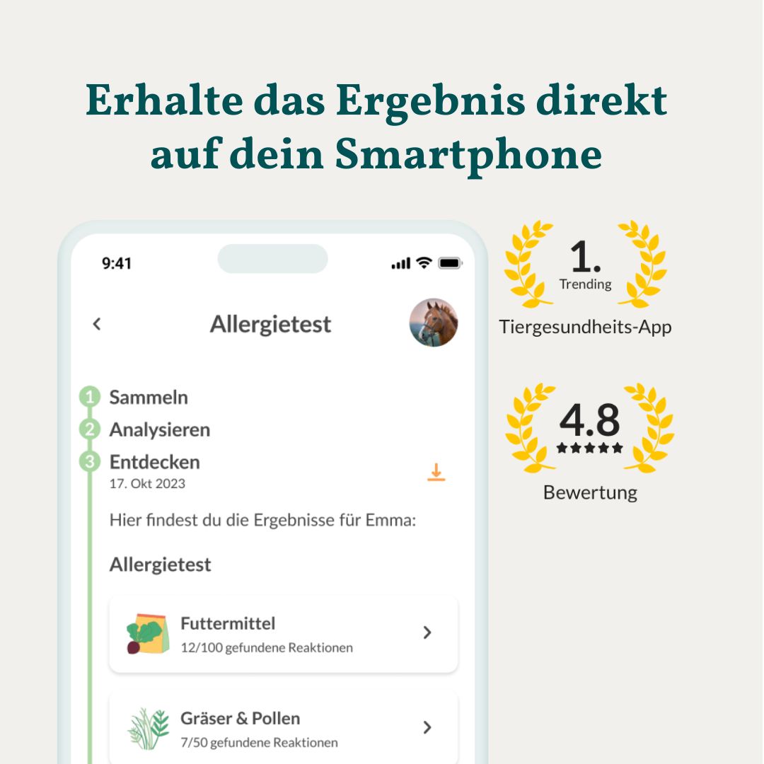 App-Ansicht mit Testergebnissen für Futter, Gräser und Pollen. Auszeichnungen für Tiergesundheits-App und Bewertung.