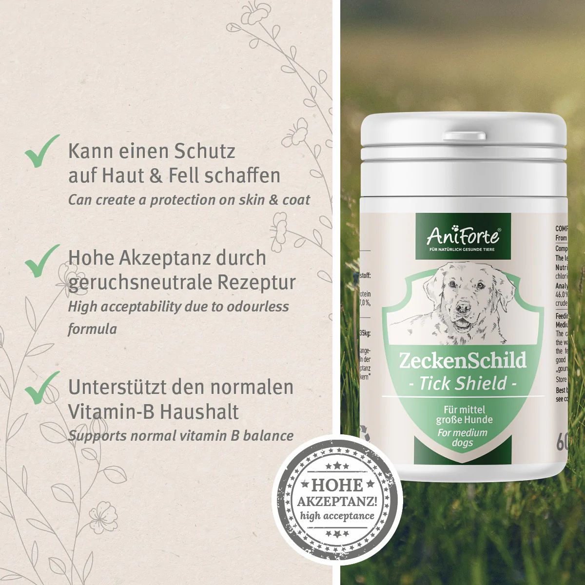 Produkt mit Text und grünen Häkchen. Text: Kann einen Schutz auf Haut & Fell schaffen. Hohe Akzeptanz. Unterstützt Vitamin-B Haushalt.
