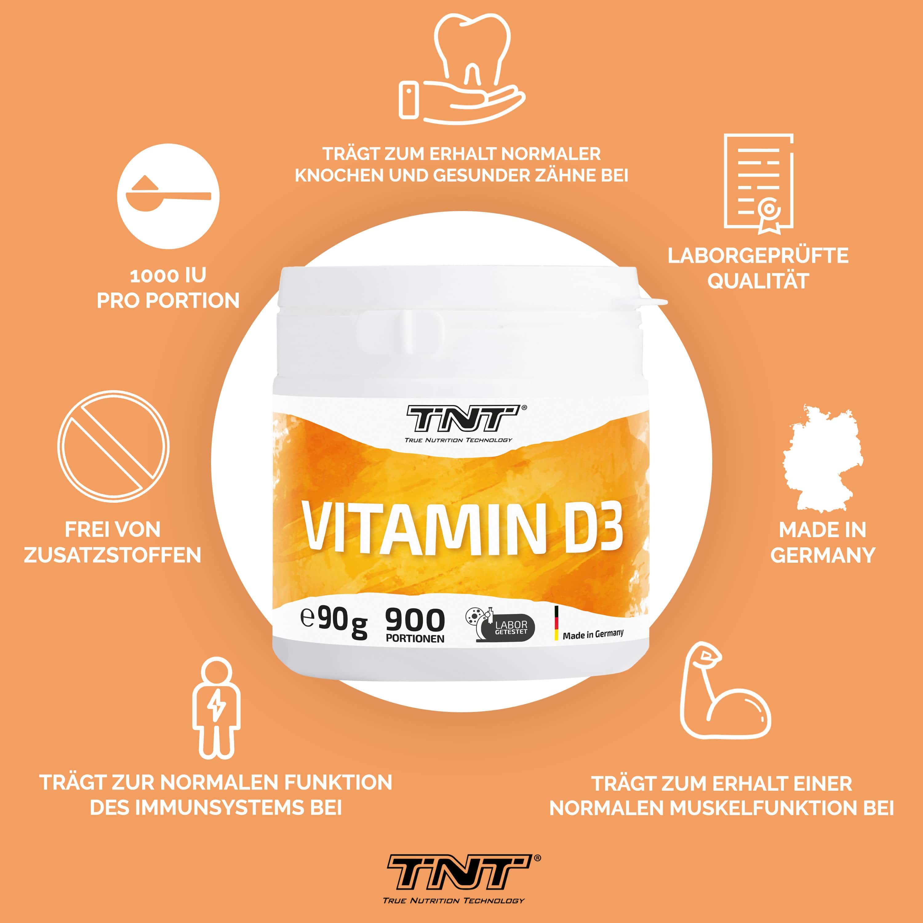 TNT Vitamin D3-Pulver in einem Behälter. Aufschrift: Vitamin D3, 90g, 900 Portionen. Laborgeprüfte Qualität. Made in Germany. Icons.