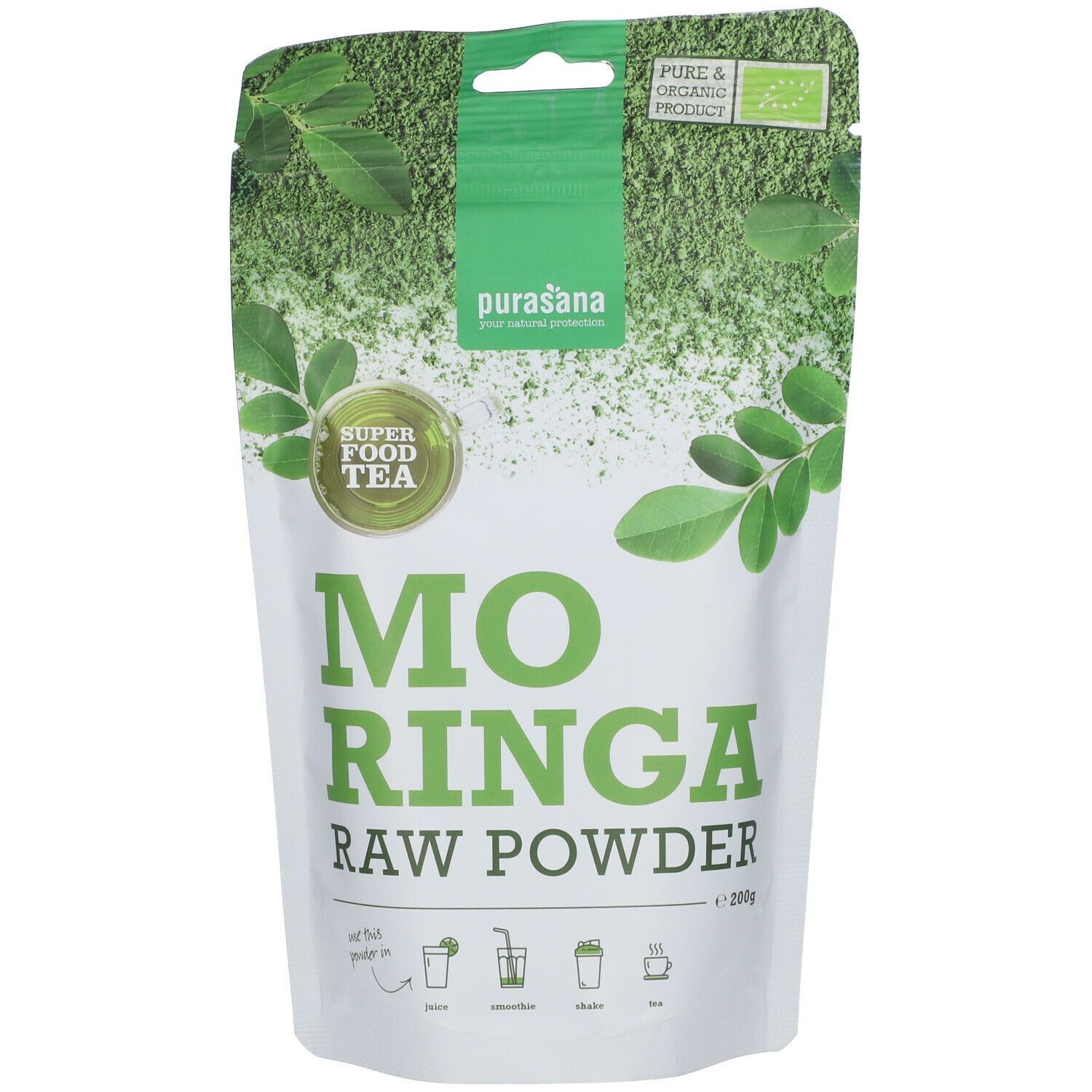 Beutel mit purasana® Moringa-Pulver. Aufschrift: Moringa Raw Powder. Bio-Siegel.