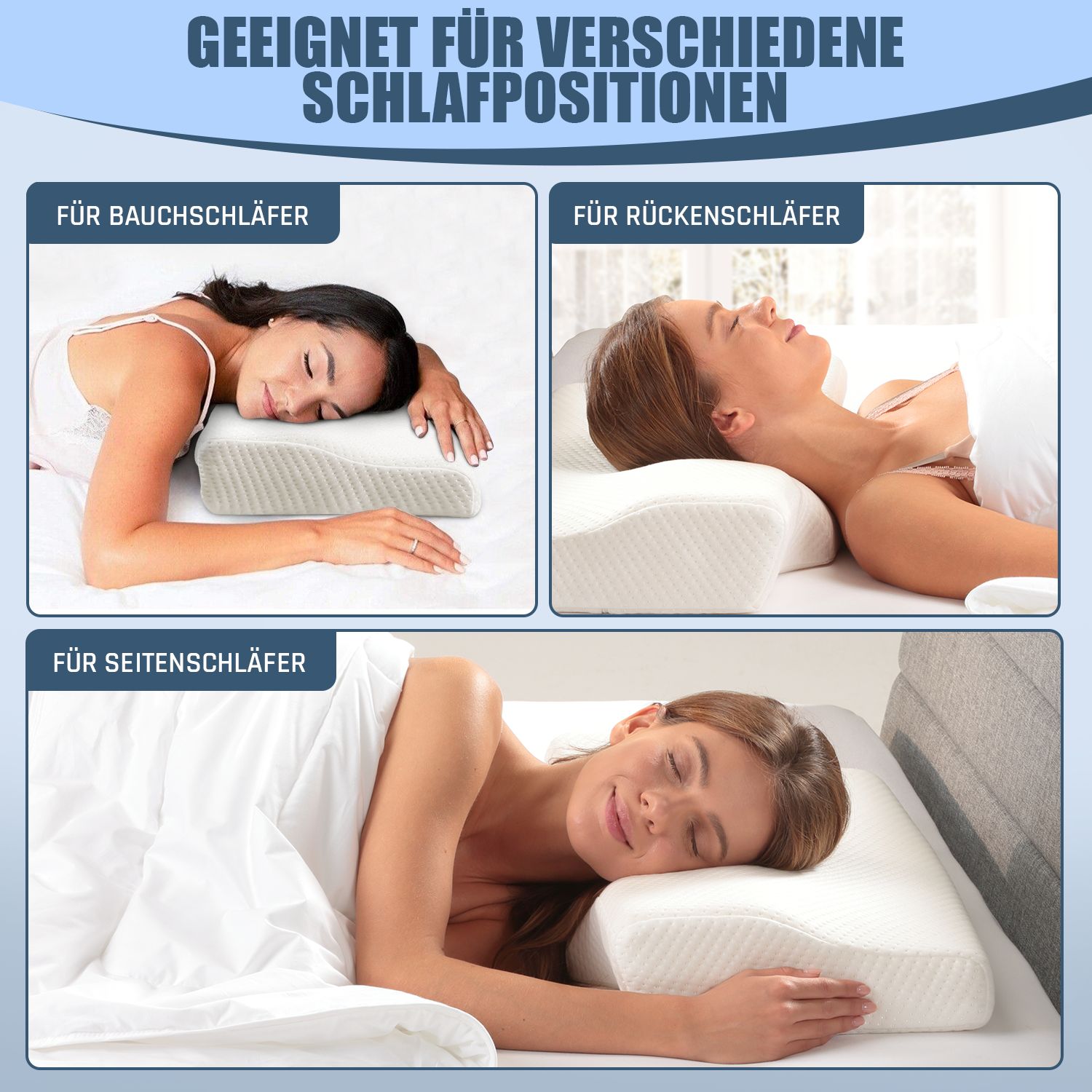 Kissen in verschiedenen Schlafpositionen: Bauch-, Rücken- und Seitenschläfer. Frauen schlafen auf dem Kissen.