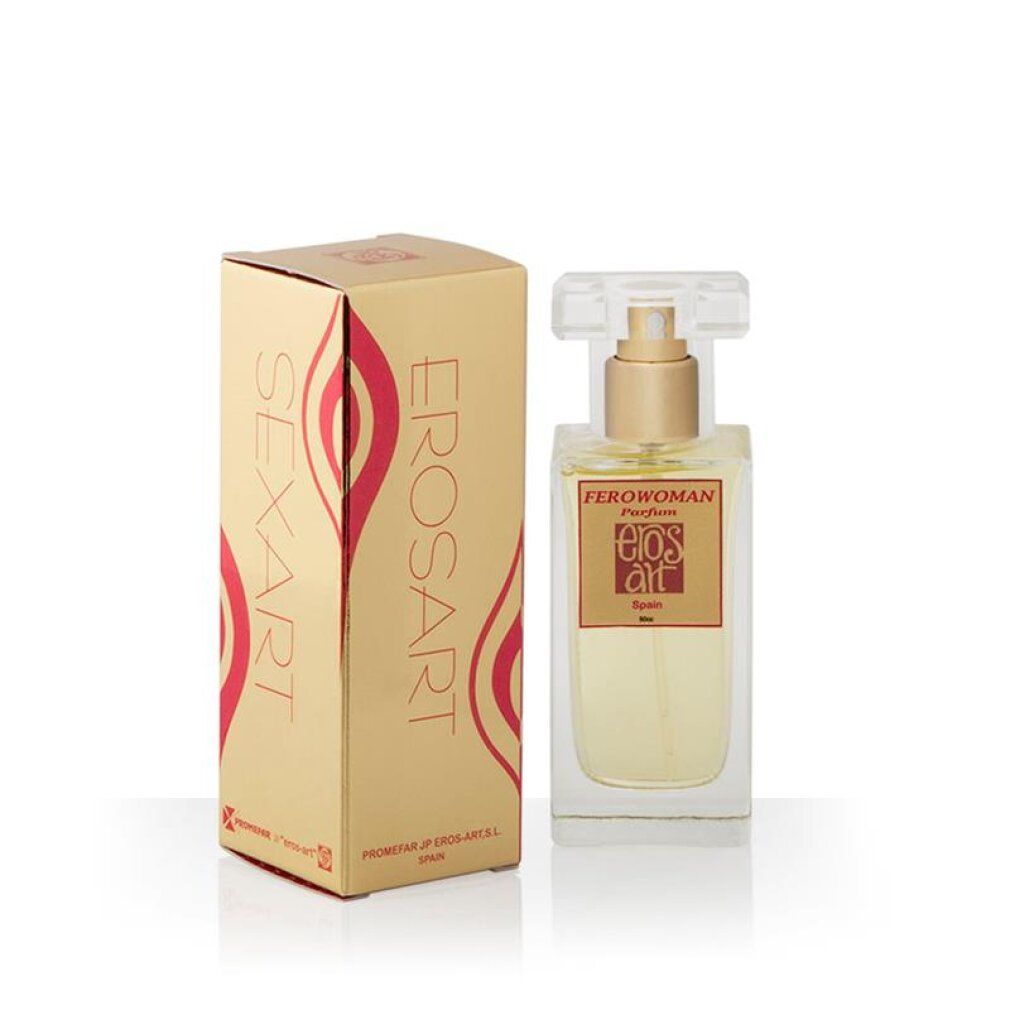 Eros - Ferowoman Parfüm in Glasflasche mit Pumpspender und Umverpackung.