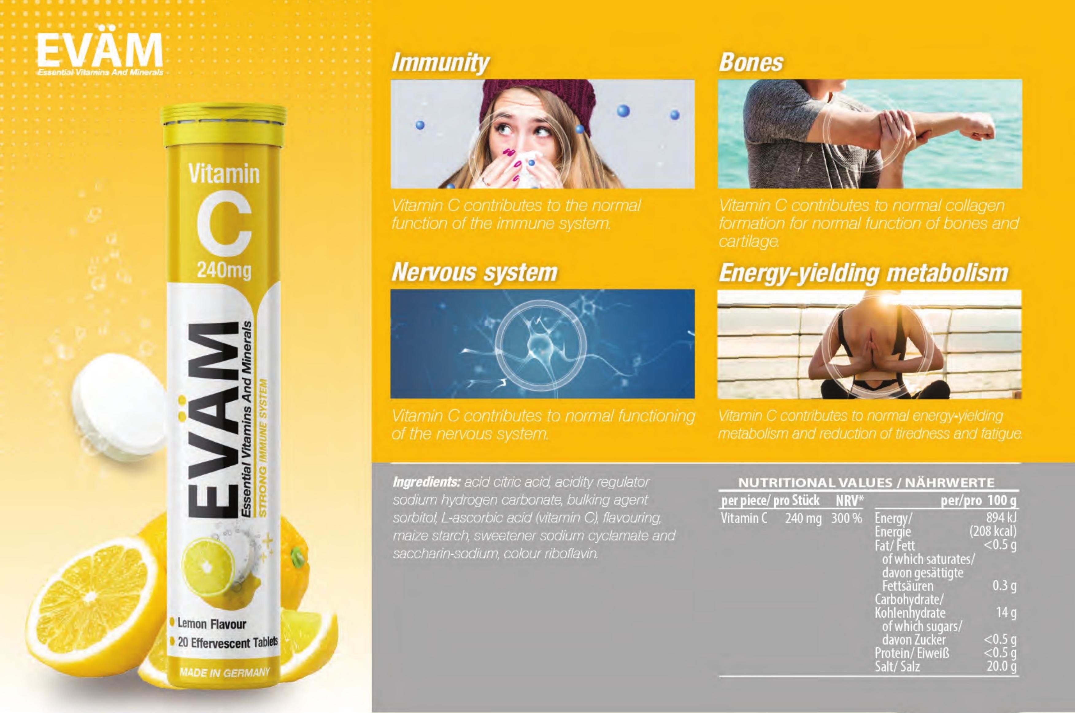 Gelbe Tube mit Vitamin C Brausetabletten, Zitronen und Inhaltsangaben. Enthält 20 Brausetabletten. Produktname EVÄM.