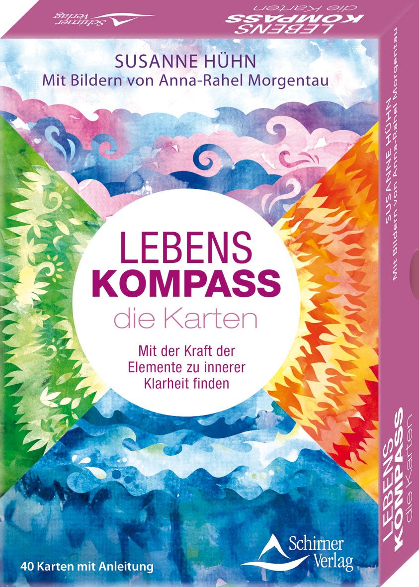 Kartenset "Lebenskompass" mit Illustrationen. Titel, Autorin und Verlag sichtbar. 40 Karten mit Anleitung.