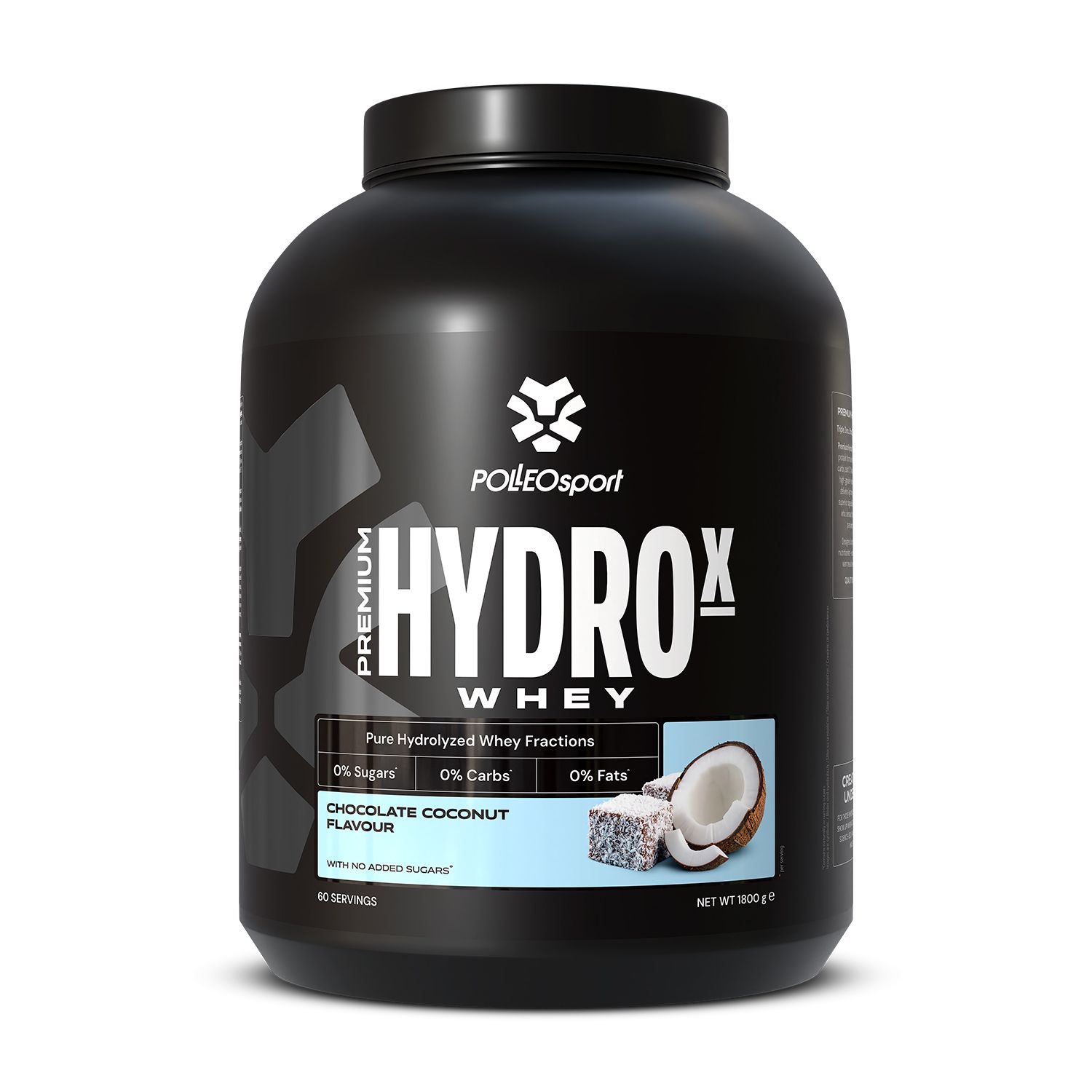 Schwarze Dose mit "HYDROx Whey"-Aufdruck. Kokosnuss- und Schokoladen-Darstellung. "0% Zucker, Kohlenhydrate, Fett" und "1800 g" sichtbar.
